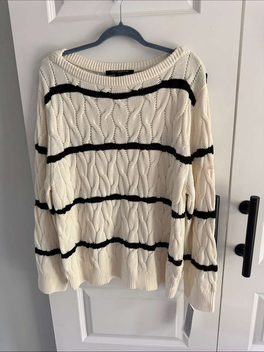 Cream Cable Knit Sweater with Black Stripes - Women's